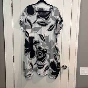 Black / Grey/ White Floral 100% Linen Dress - Made in Italy